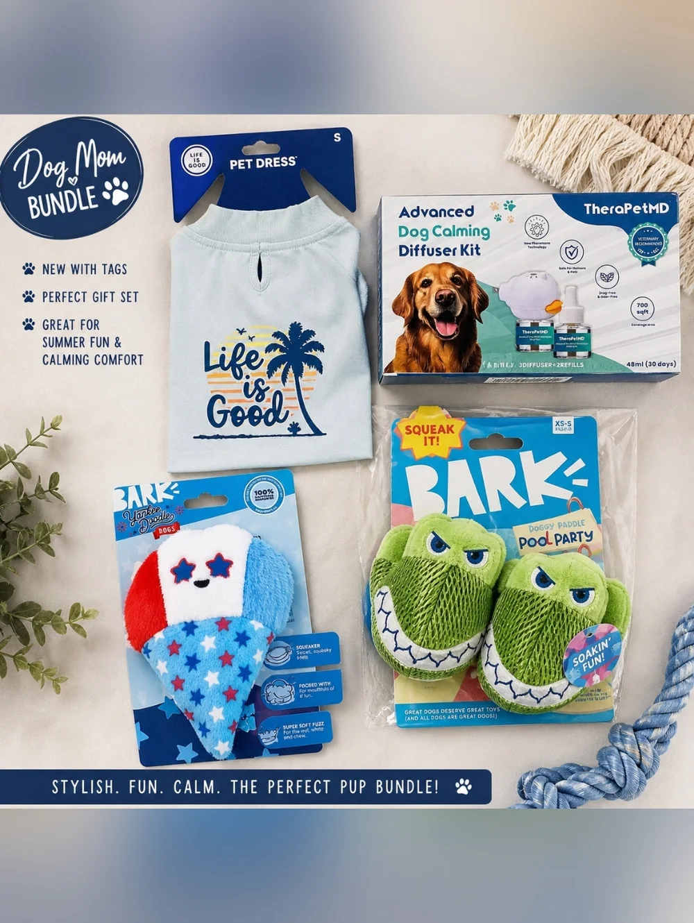 Dog‎ Mom Bundle Life Is Good Pet Dress Small + Bark Toys + TherPetMD Calming Kit